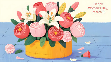 Colorful flower arrangement celebrating Women's Day on March 8 with roses and lilies placed in a yellow vase