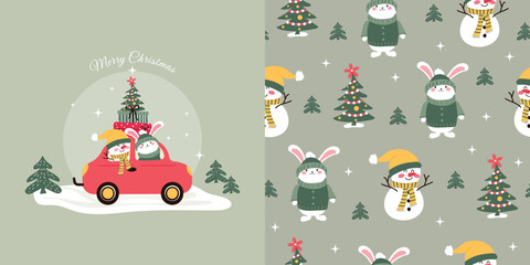 Winter holiday modern children background and seamless pattern with funny characters on the car. Vector design for fabric, wallpaper, wrapping paper, and more.