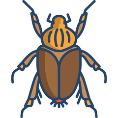 Stylized Illustration of a Brown Beetle Insect with Orange Head and Blue Outline on a Transparent Background