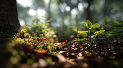 Sunlit sprout in a quiet forest, capturing the essence of renewal and life