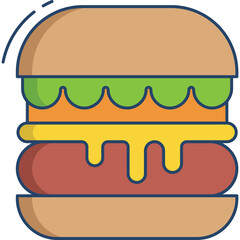 Stylized Illustration of a Burger with Toasted Bun Green Lettuce Orange Filling and Yellow Cheese Dripping on Red Patty Isolated on Transparent Background