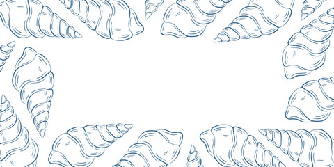Line art style spiral seashells forming a decorative frame. Perfect for marine coastal and summer themed design.