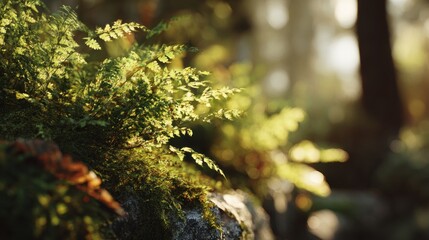 Serene forest scene featuring moss and ferns bathed in soft, diffused sunlight