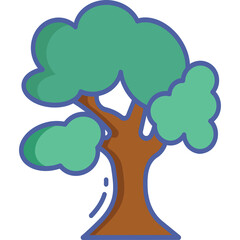 Stylized illustration of a deciduous tree with a thick brown trunk and green leafy canopy outlined in blue against a transparent background