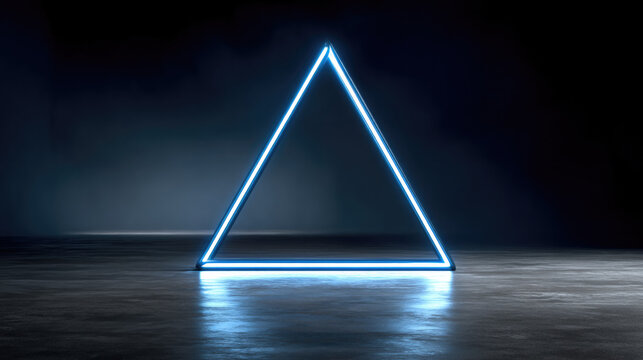 Blue neon triangle glowing on dark reflective floor, futuristic geometric shape, modern abstract light art, mysterious atmosphere - Powered by Adobe
