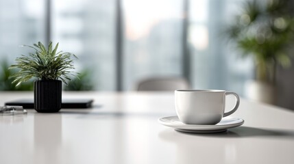 Minimalist workplace scene with coffee cup and plant on modern table