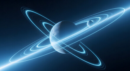Immersive abstract planetary orbit with glowing cosmic rings