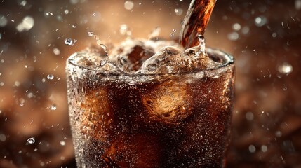 Refreshing cola beverage being poured into a glass with ice cubes creating splash