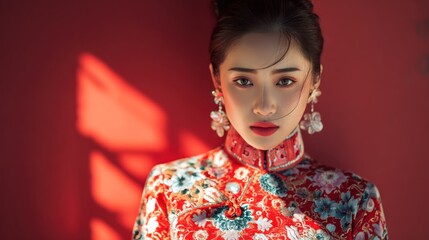 Elegant asian woman in traditional dress against rich red background
