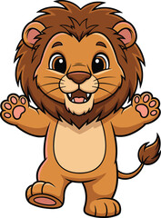 Cute cartoon lion standing with open arms, adorable jungle animal character, funny baby lion illustration, happy wildlife mascot design, vector art