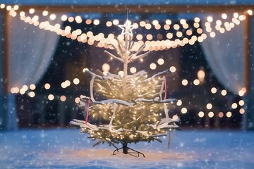 A beautifully lit Christmas tree stands as the centerpiece, adorned with lights and covered lightly in snow, with a backdrop of soft fairy lights.