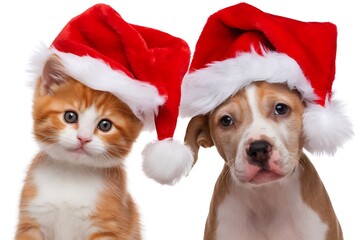 A heartwarming image featuring an adorable orange kitten and a charming puppy, both wearing festive Santa hats against a clean white backdrop, creating a holiday atmosphere