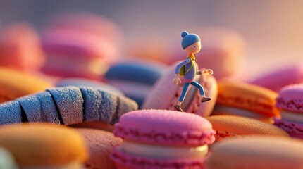 Cartoon boy adventurer runs across giant colorful macarons