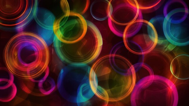 This vibrant abstract artwork features an array of colorful circles on a dark background, creating a lively and dynamic visual effect.