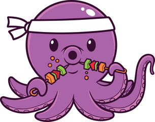 Cute purple cartoon octopus eating food, kawaii sea animal illustration, funny marine character, adorable ocean creature art, vector isolated design