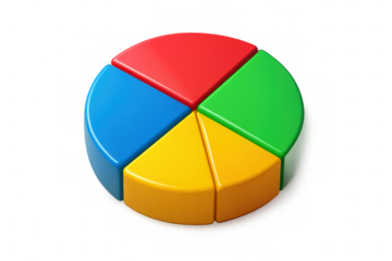Colorful 3d pie chart diagram showing data analysis and market share, financial statistics infographic with transparent background