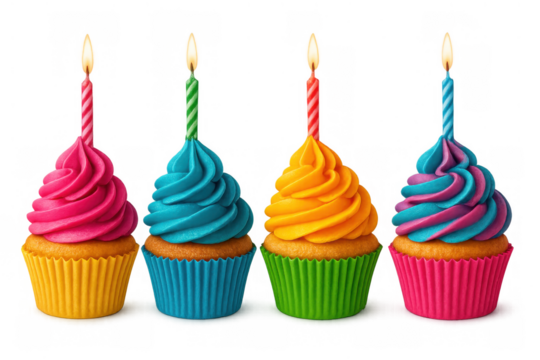 Colorful birthday cupcakes with burning candles celebrating a special event, adding festive cheer to any party or occasion