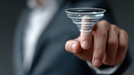 Businessman touching digital marketing funnel hologram, concept of sales process, lead generation, technology, innovation, and business strategy