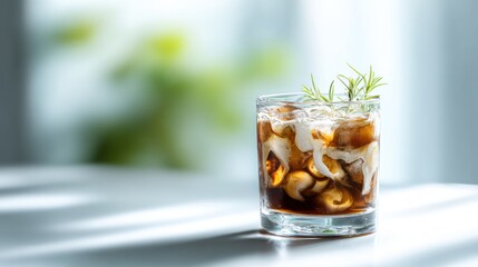 Refreshing iced latte with rosemary garnish, perfect for summer days