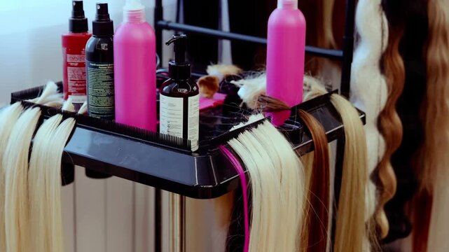 Professional hair styling environment, Stylists organizing extensions and tools efficiently, Wellequipped professional salon space featuring various hair extensions and styling accessories