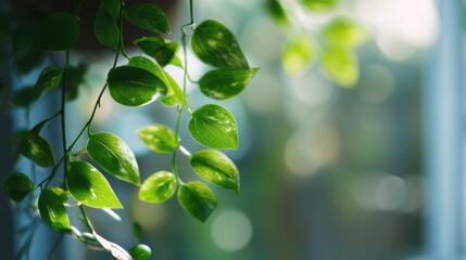 Tranquil indoor plant cascading against blurred window creating fresh ambiance