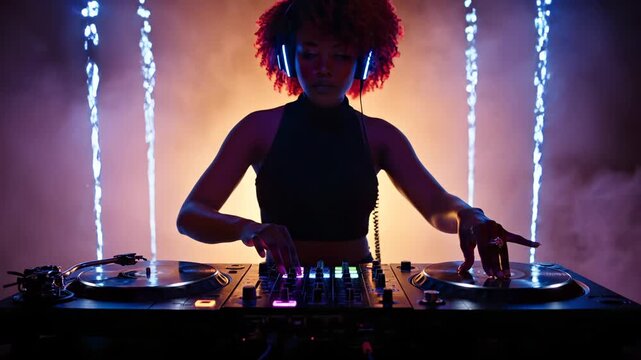 dj mix on mixer and turntable on stage. dj use console and headphone amid fog and fountain. music and beat pulse through venue. performer cue set and control rhythm. performer adjust effect and eq.