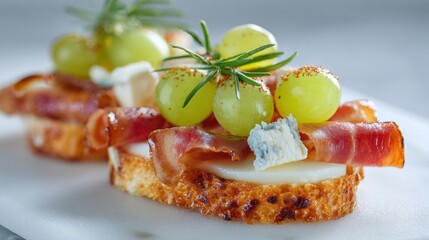 Elegant appetizer: Crostini with grapes, bacon, and blue cheese presentation