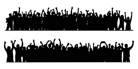 Vector illustration set of two black crowd silhouettes with people cheering and raising their hands in celebration at a festival or concert