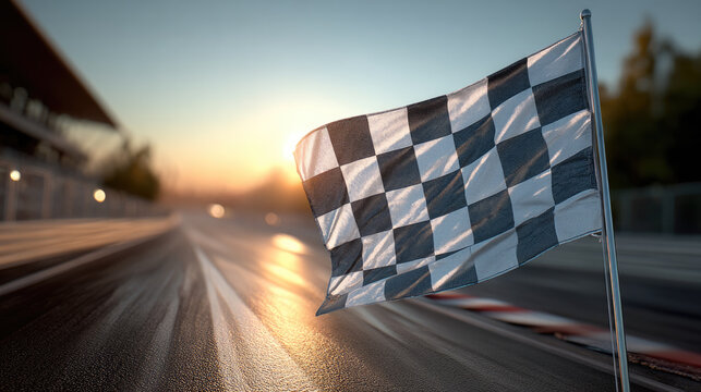 Checkered finish flag waving at sunset on empty racetrack, symbolizing victory, speed, and competition in motorsport event - Powered by Adobe