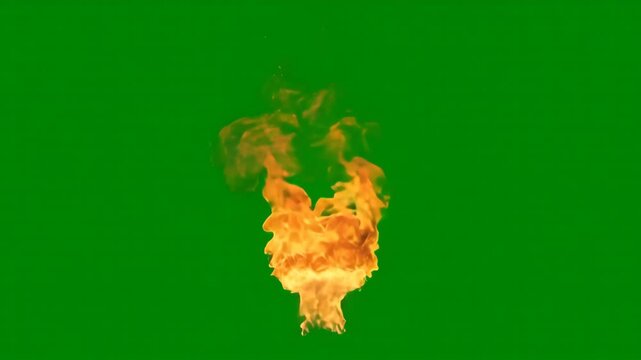Realistic orange flame erupting upwards on a green screen background animation blast