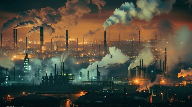 Nighttime industrial complex blankets the skyline with glowing orange haze as smokestacks pump exhaust, city lights blinking beneath; dramatic environmental footage for news segments