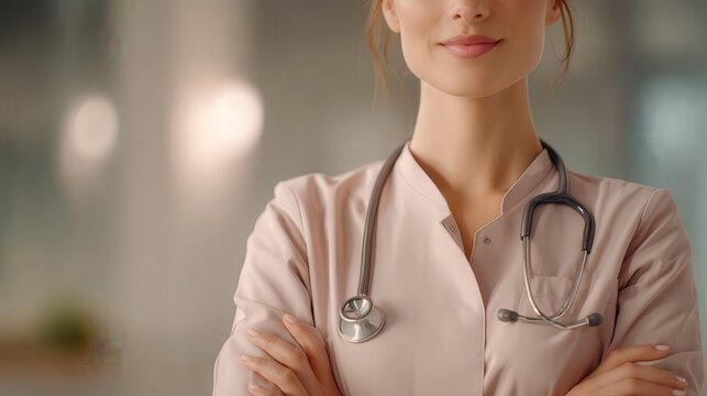A confident female doctor or nurse with a stethoscope around her neck, standing with her arms crossed in a modern clinic or hospital setting