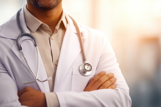 Closeup of a male doctor in a white coat with a stethoscope around his neck, arms crossed, in a professional medical setting with warm sunlight - Powered by Adobe