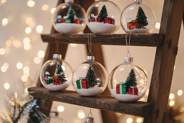 Festive Christmas Ornaments with Miniature Winter Scenes on a Rustic Ladder for a Cozy Holiday Decoration.