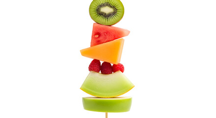 Colorful fruit skewer with kiwi, watermelon, cantaloupe, raspberry, and apple isolated on transparent background