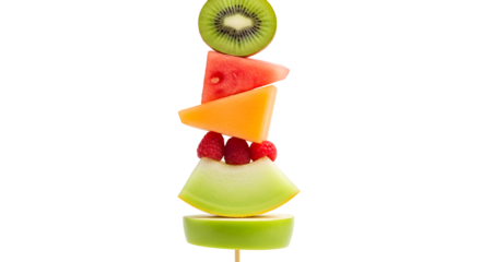Colorful fruit skewer with kiwi, watermelon, cantaloupe, raspberry, and apple isolated on transparent background