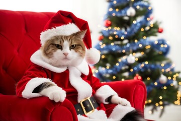 Adorable Cat Dressed in Santa Claus Costume Sitting on a Red Armchair Next to a Christmas Tree