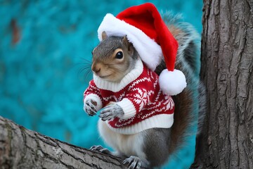 Adorable Squirrel Festive Holiday Attire: A charming scene captures a squirrel wearing a Santa hat and a Christmas sweater, adding a touch of whimsy to the holiday season.