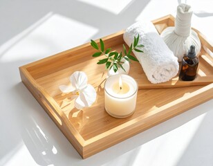 Serene Spa Tray: Candle, Orchid, Towel, and Aromatherapy Essentials in Sunlight