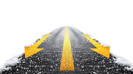 Road with Yellow Arrows on Snowy Edge on Transparent Background