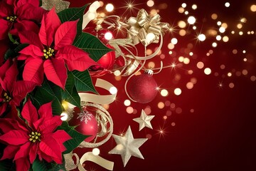 Festive Christmas Poinsettias, Ornaments, and Decorative Ribbons Create a Warm Holiday Scene