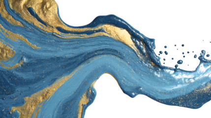 Blue and gold fluid abstract, isolated on transparent background