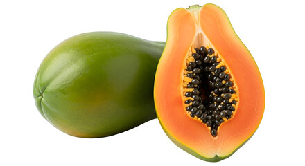 Ripe papaya fruit cut in half showing black seeds isolated on transparent background, tropical and healthy food