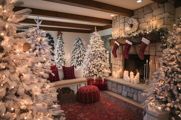 Festive Christmas Living Room Decorated with Snowy Trees, Fireplace, and Holiday Cheer for a Cozy Celebration
