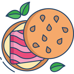 Stylized Illustration of a Sandwich with Layers of Pink Meat and Green Leaves on a Transparent Background