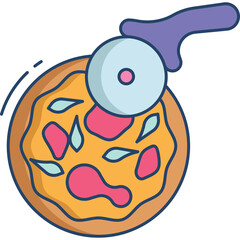 Stylized illustration of a whole pizza being sliced with a pizza cutter on a transparent background