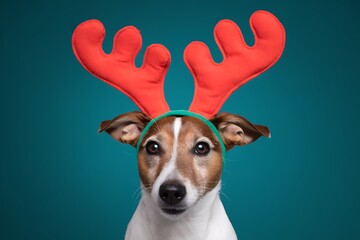 Adorable Jack Russell Terrier Dressed in Festive Reindeer Antlers Against a Teal Background