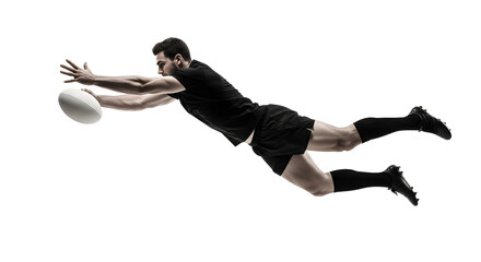 Rugby player in midair, reaching for the ball, isolated on transparent background intense action shot of athlete