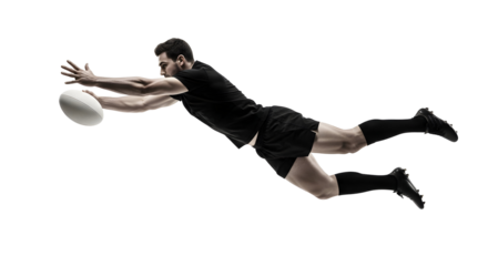 Rugby player in midair, reaching for the ball, isolated on transparent background intense action shot of athlete