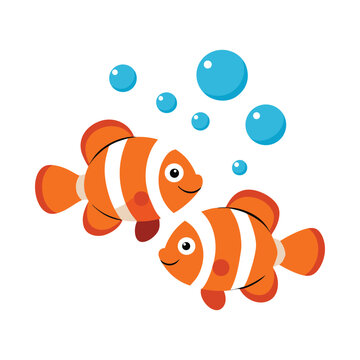 Vibrant clownfish pair swimming amongst colorful ocean bubbles